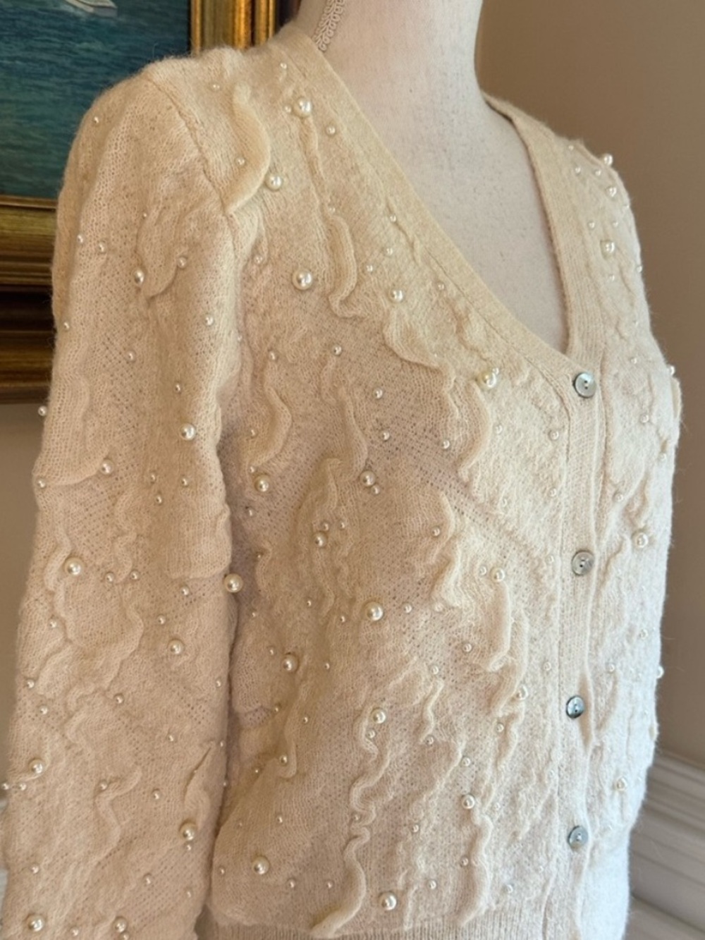 ZARA Cream Cable Knit Pearl Wool Cardigan Sweater